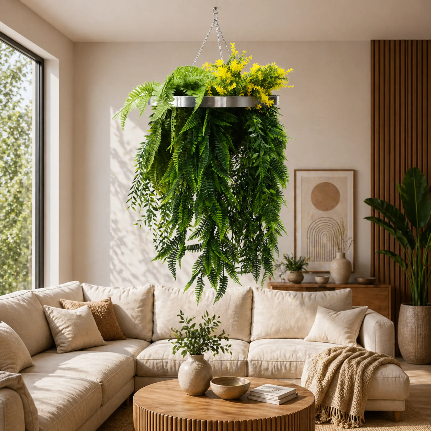 Silver Artificial Hanging Plant Disc Chandelier with Bright Tropical Trailing Foliage & Draping Ferns — 40cm UV Resistant