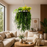 Silver Artificial Hanging Plant Disc Chandelier with Bright Tropical Trailing Foliage & Draping Ferns — 40cm UV Resistant