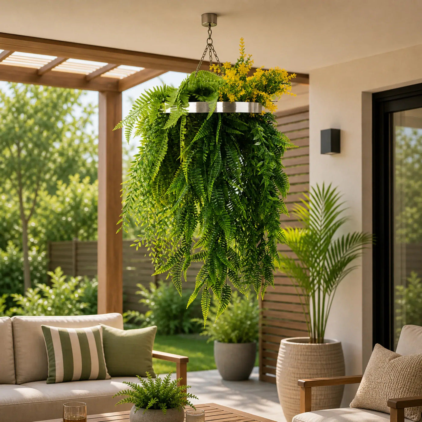 Silver Artificial Hanging Plant Disc Chandelier with Bright Tropical Trailing Foliage & Draping Ferns — 40cm UV Resistant