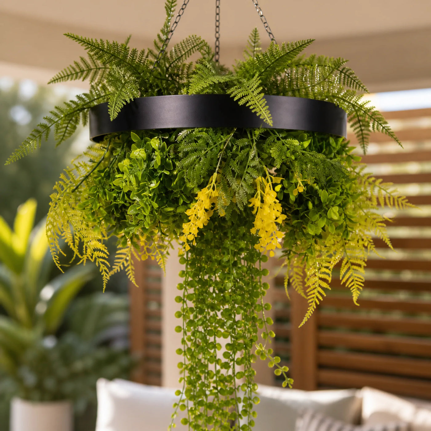 Black Artificial Hanging Plant Disc Chandelier with Cascading Greenery & Trailing Foliage — 40cm