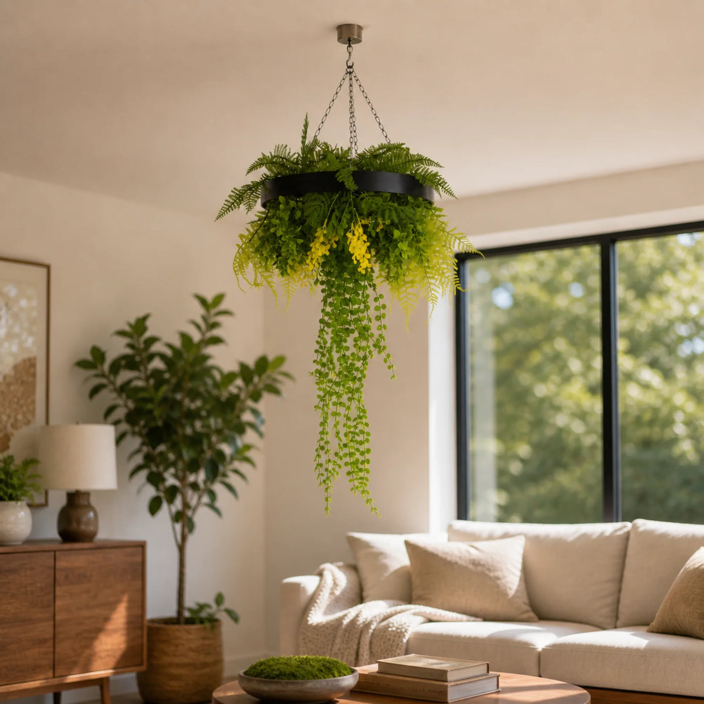 Black Artificial Hanging Plant Disc Chandelier with Cascading Greenery & Trailing Foliage — 40cm