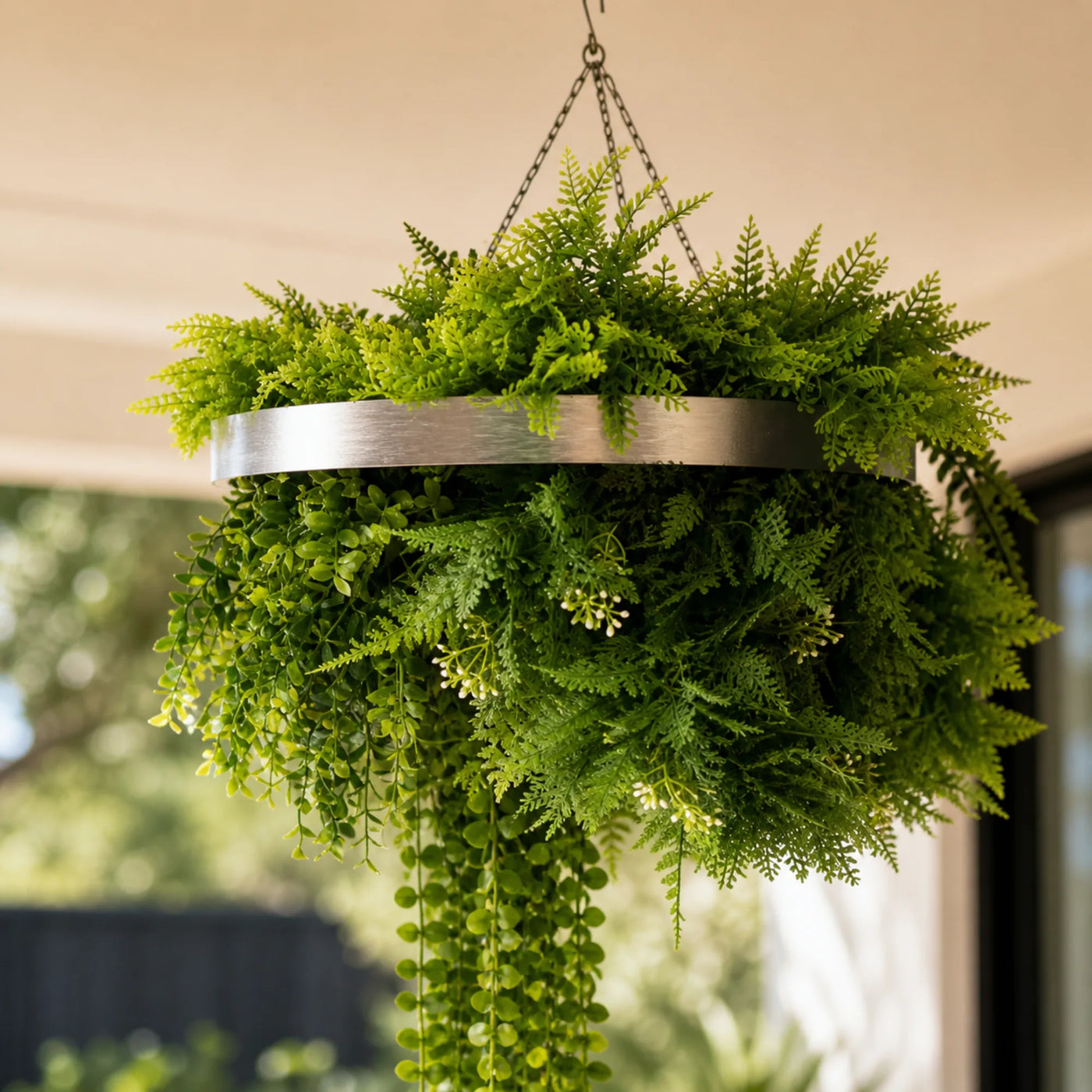 Silver Artificial Hanging Plant Disc Chandelier with Life-Like Trailing Foliage & Draping Greenery — 40cm UV Resistant