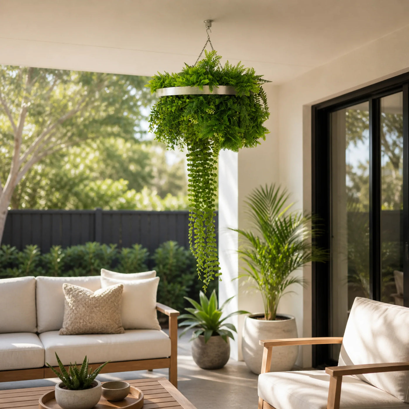 Silver Artificial Hanging Plant Disc Chandelier with Life-Like Trailing Foliage & Draping Greenery — 40cm UV Resistant