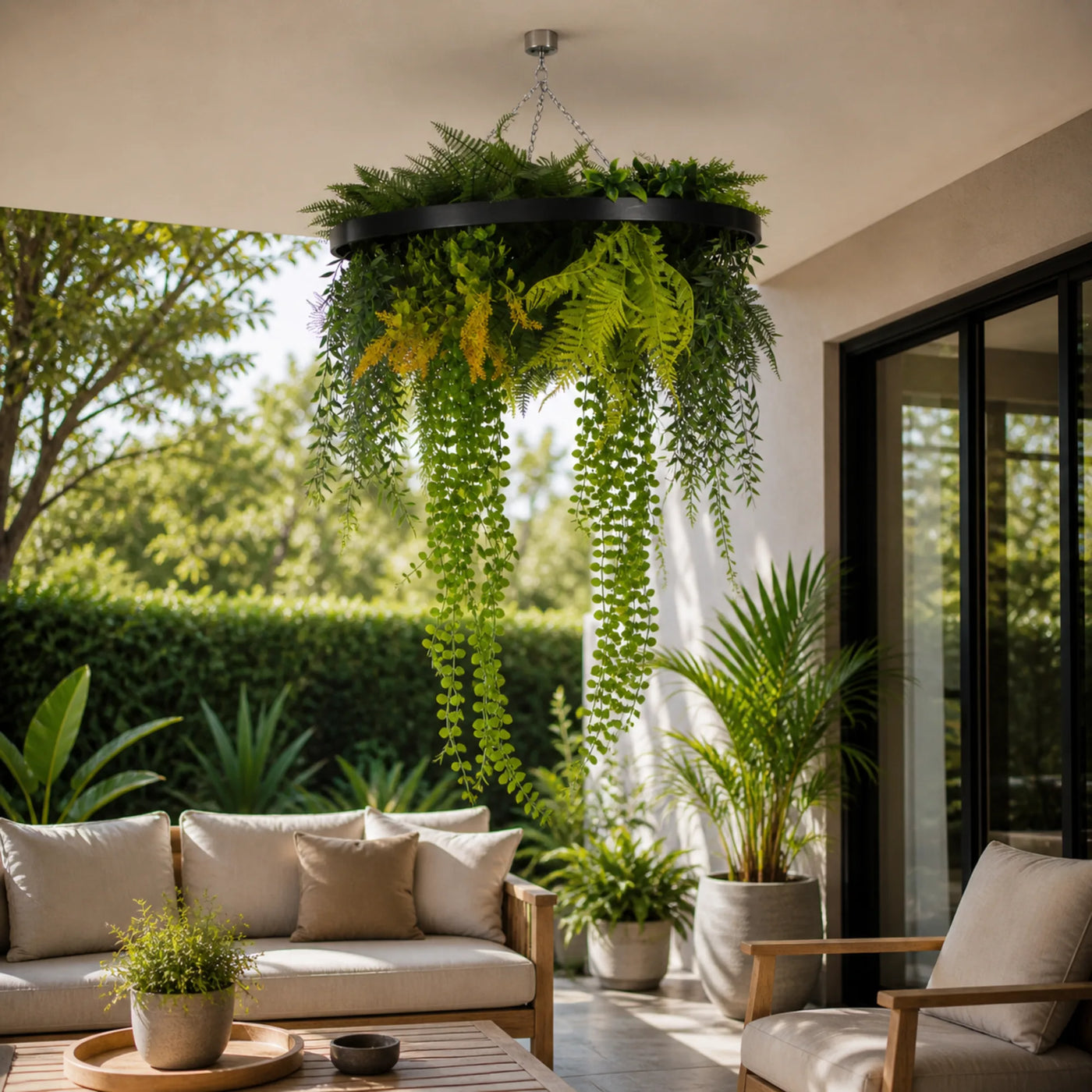 Black Artificial Hanging Plant Disc Chandelier with Cascading Greenery & Trailing Foliage — 60cm