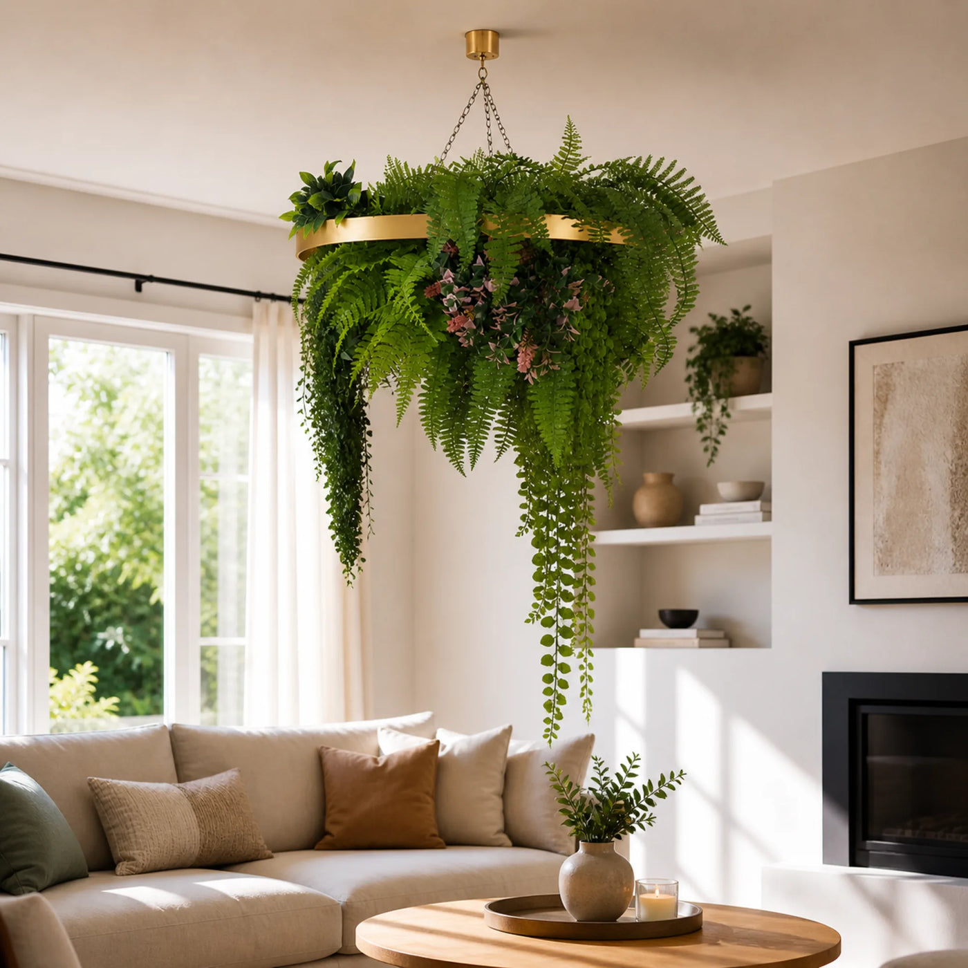 Gold Artificial Hanging Plant Disc Chandelier with Cascading Greenery & Trailing Fern Foliage — 60cm UV Resistant