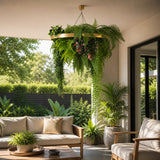 Gold Artificial Hanging Plant Disc Chandelier with Cascading Greenery & Trailing Fern Foliage — 60cm UV Resistant