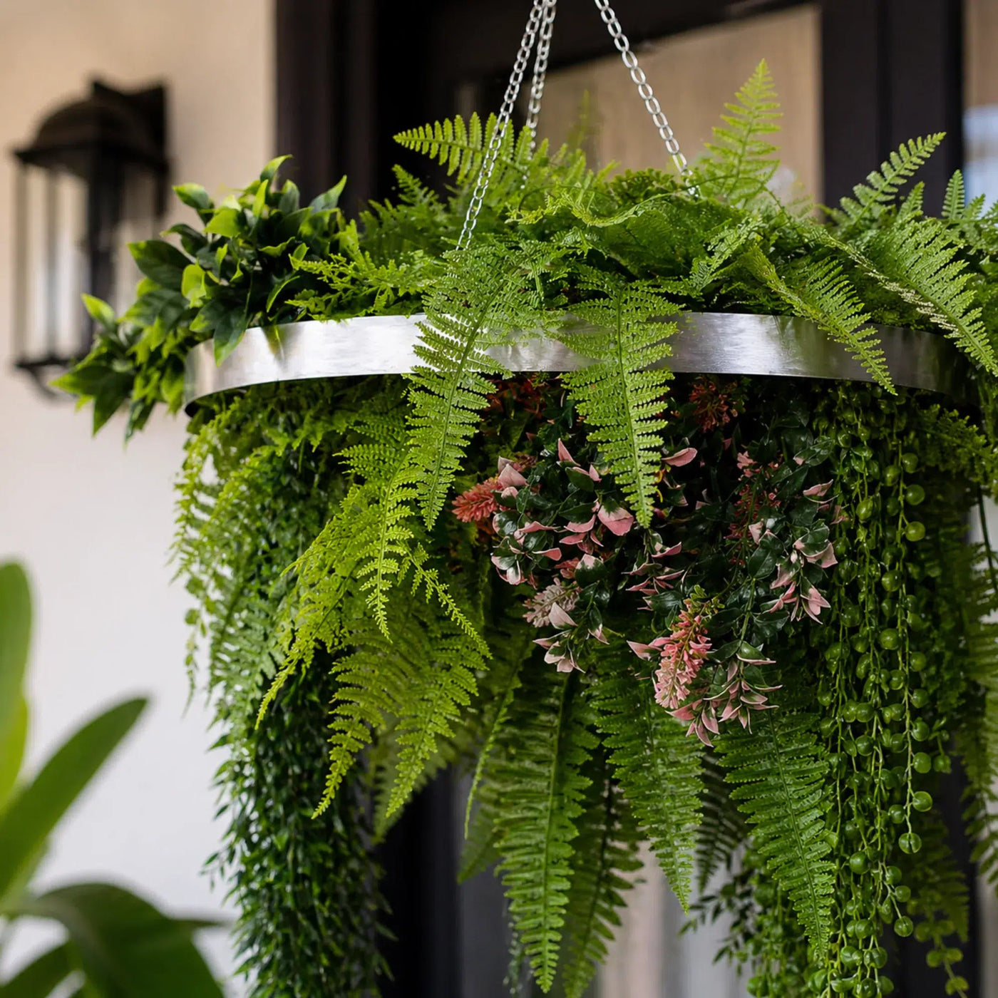 Silver Artificial Hanging Plant Disc Chandelier with Cascading Greenery & Trailing Fern Foliage — 60cm UV Resistant
