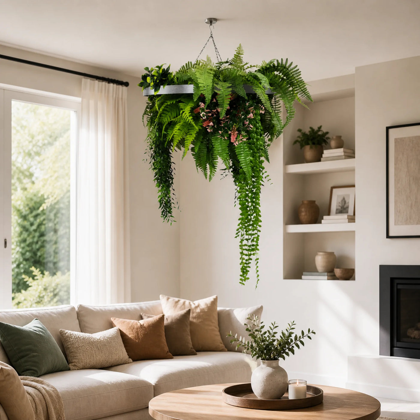 Silver Artificial Hanging Plant Disc Chandelier with Cascading Greenery & Trailing Fern Foliage — 60cm UV Resistant