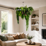 Silver Artificial Hanging Plant Disc Chandelier with Cascading Greenery & Trailing Fern Foliage — 60cm UV Resistant