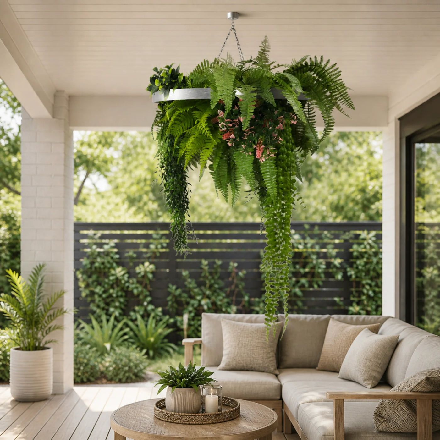 Silver Artificial Hanging Plant Disc Chandelier with Cascading Greenery & Trailing Fern Foliage — 60cm UV Resistant
