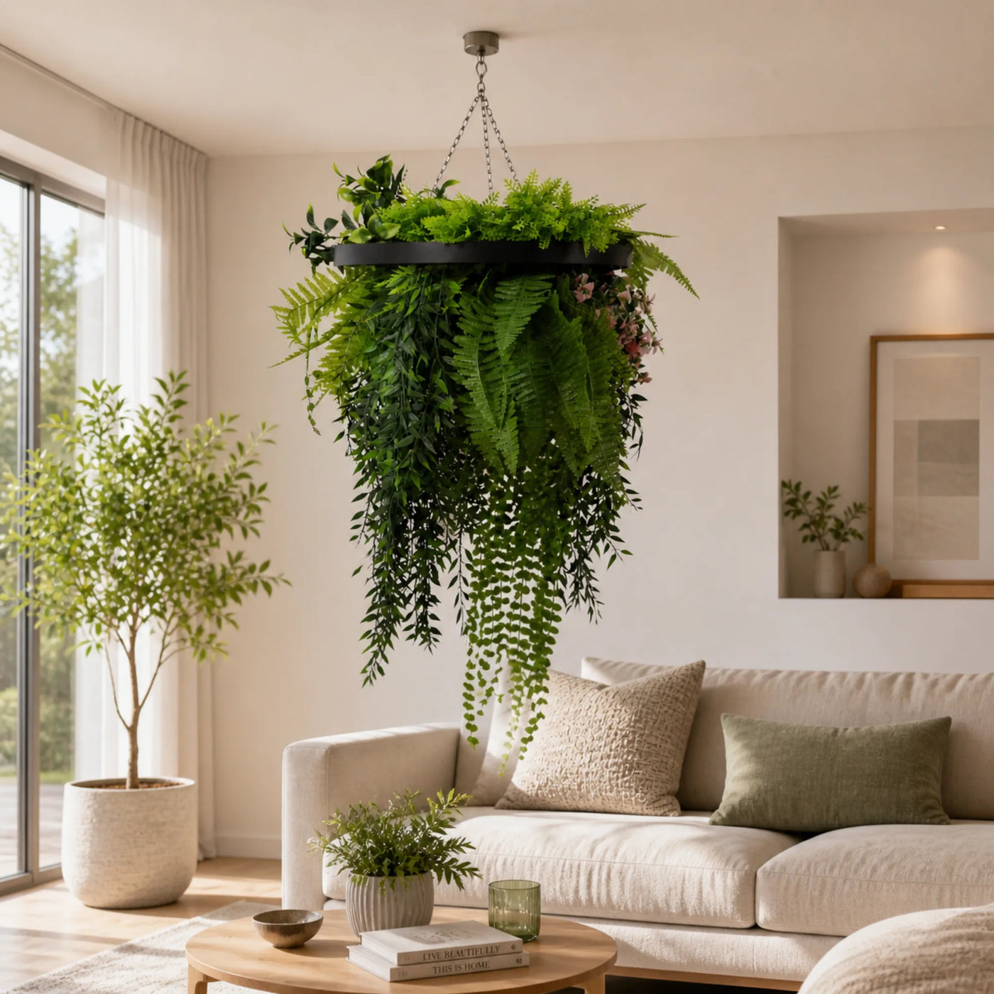 Black Artificial Hanging Plant Disc Chandelier with Lush Draping Foliage — 40cm UV Resistant