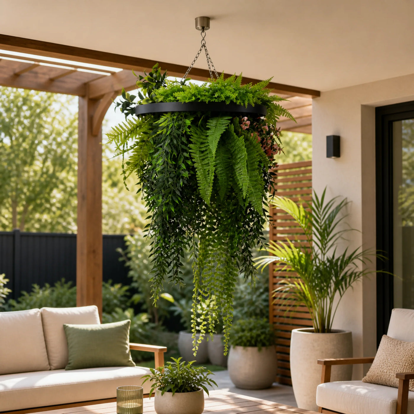 Black Artificial Hanging Plant Disc Chandelier with Lush Draping Foliage — 40cm UV Resistant