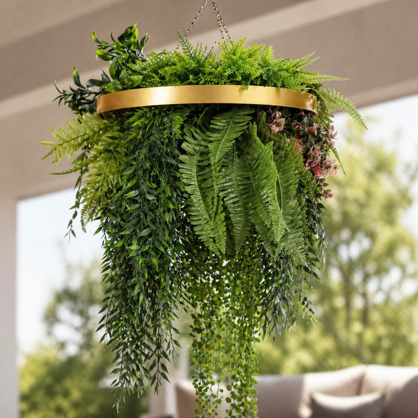Gold Artificial Hanging Plant Disc Chandelier with Lush Draping Foliage — 40cm UV Resistant
