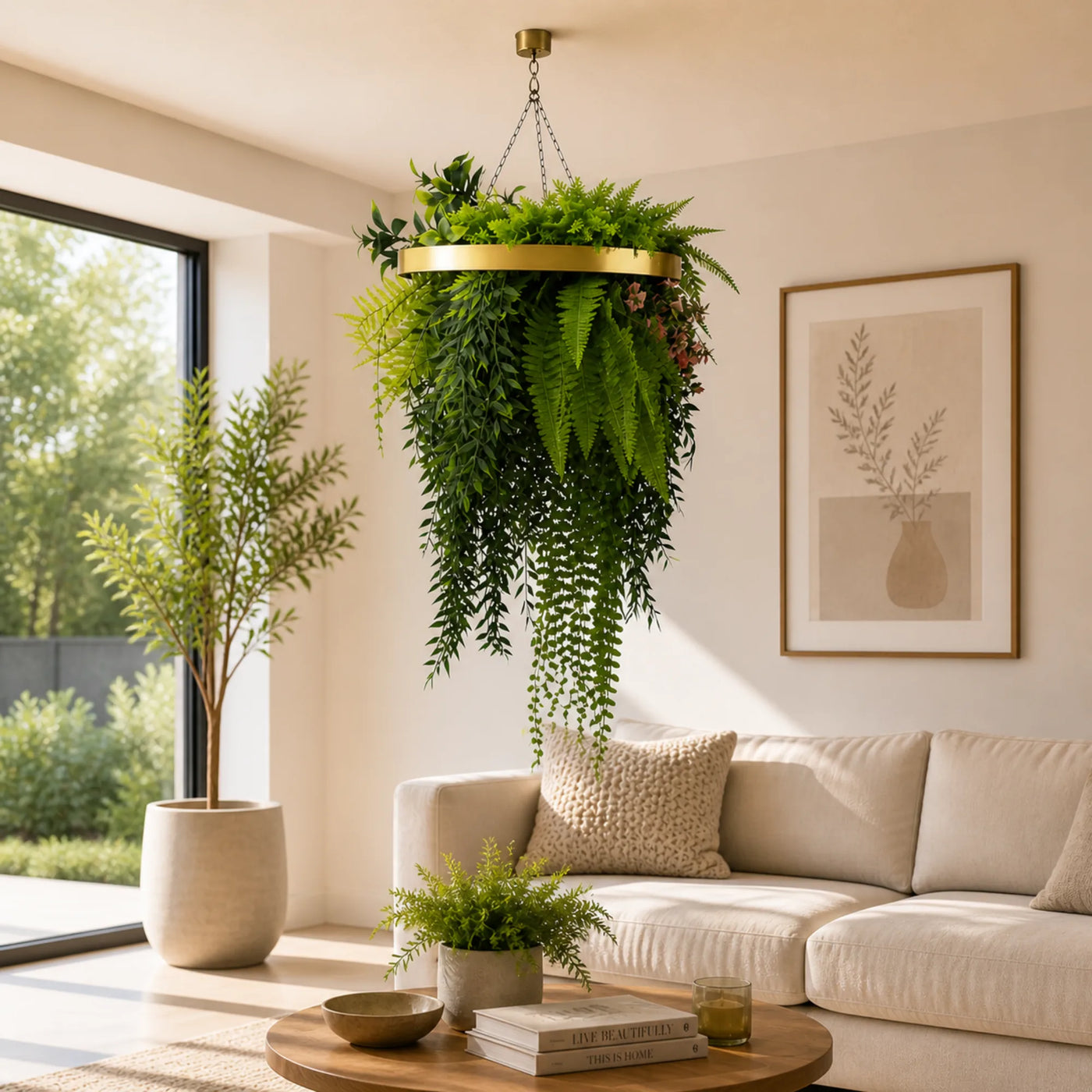 Gold Artificial Hanging Plant Disc Chandelier with Lush Draping Foliage — 40cm UV Resistant