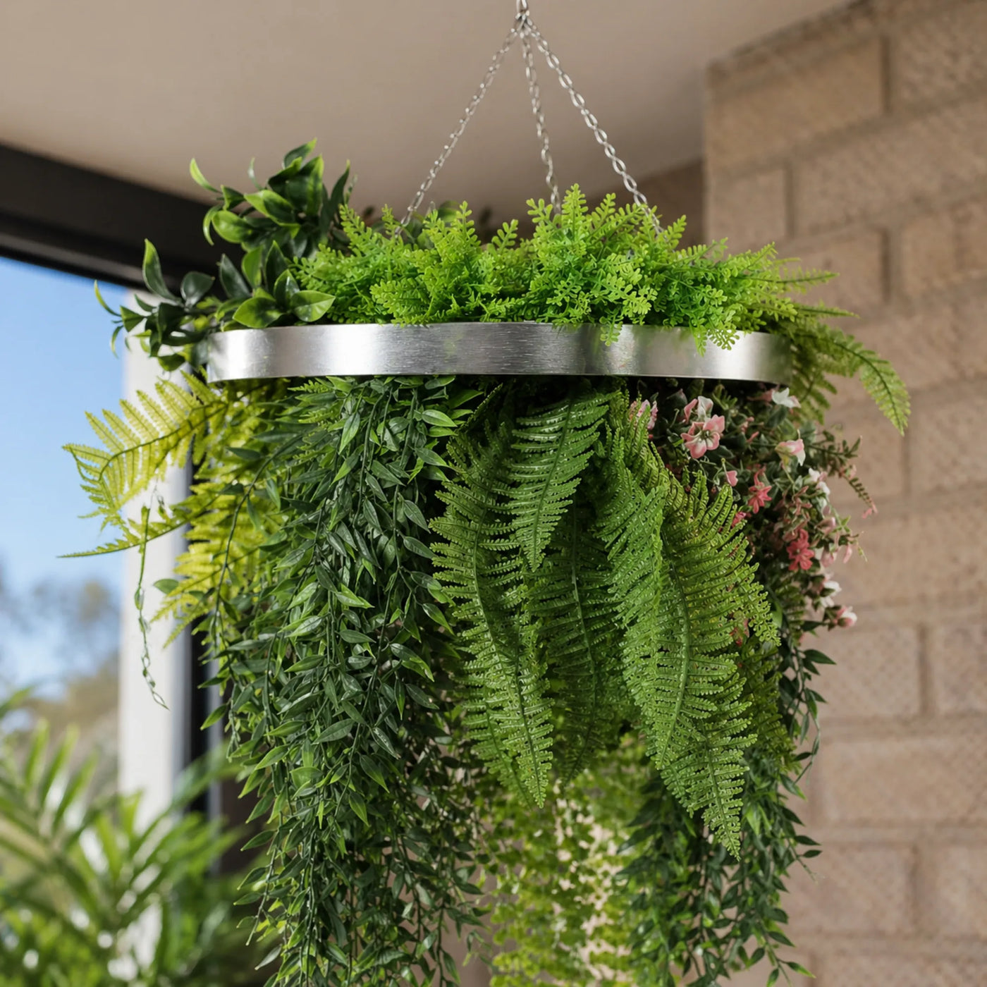 Silver Artificial Hanging Plant Disc Chandelier with Lush Draping Foliage — 40cm UV Resistant