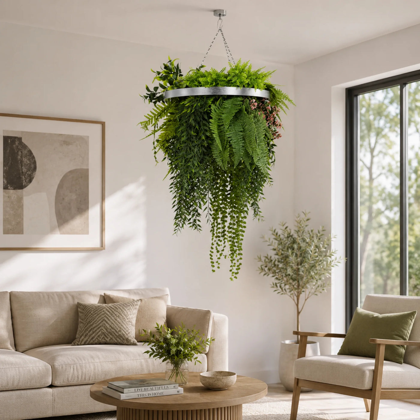 Silver Artificial Hanging Plant Disc Chandelier with Lush Draping Foliage — 40cm UV Resistant