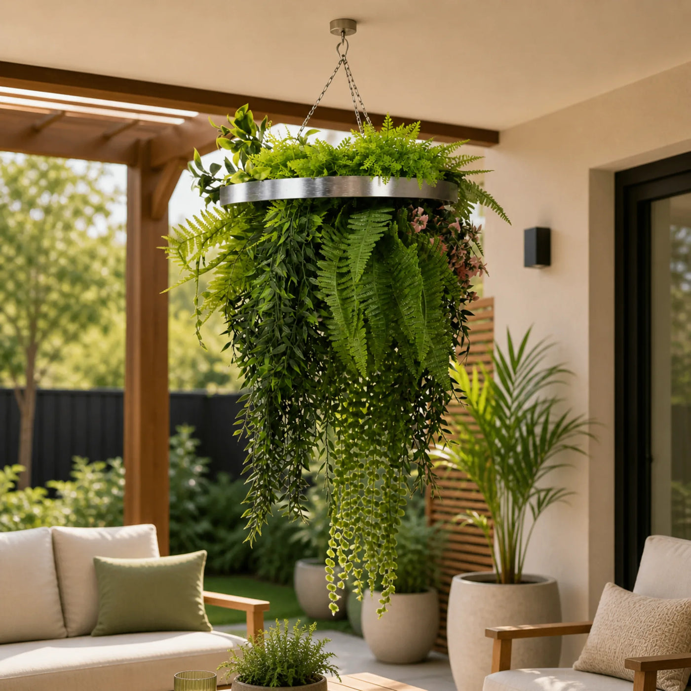 Silver Artificial Hanging Plant Disc Chandelier with Lush Draping Foliage — 40cm UV Resistant