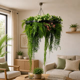 Black Artificial Hanging Plant Disc Chandelier with Premium Fern Foliage & Trailing Greenery — 60cm UV Resistant
