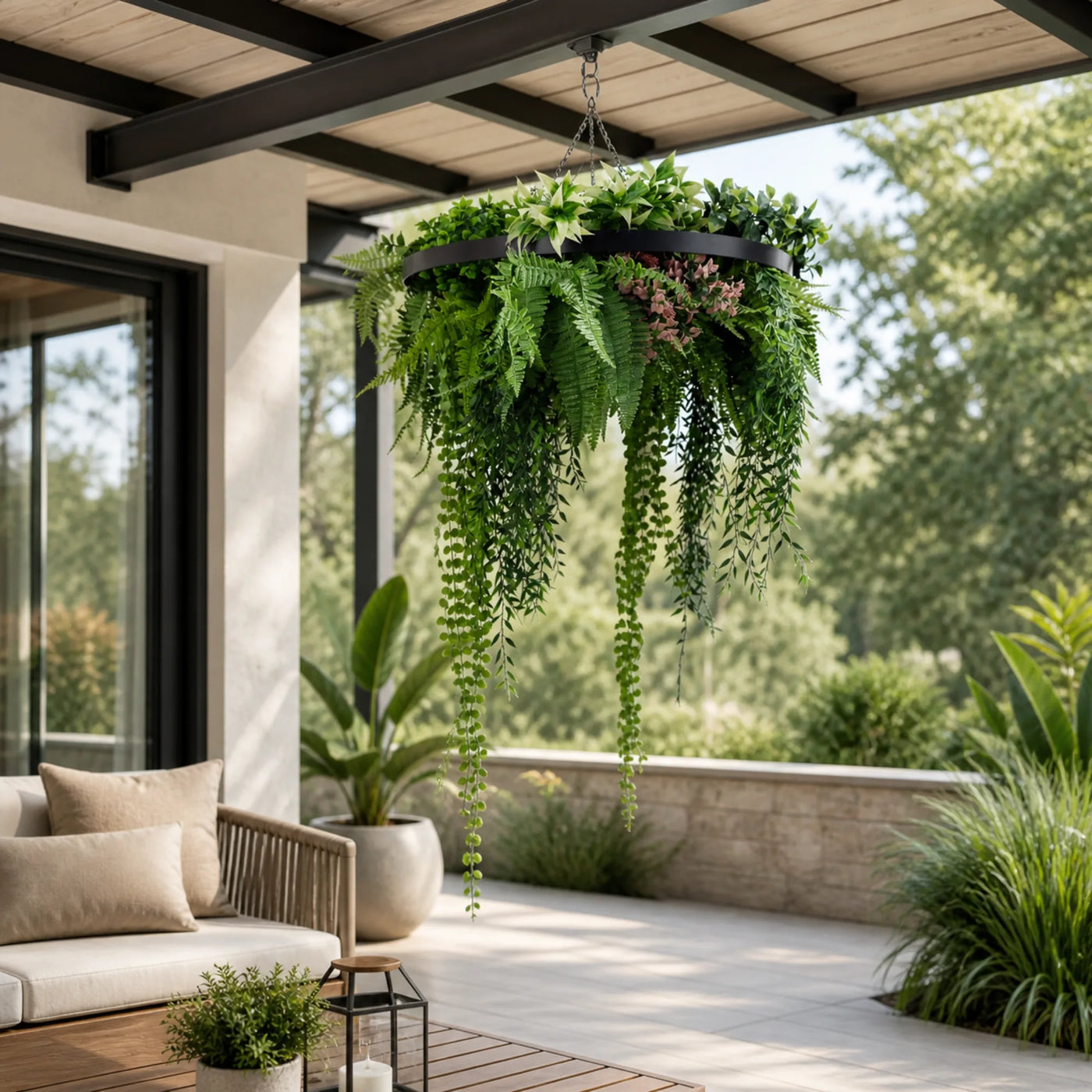 Black Artificial Hanging Plant Disc Chandelier with Premium Fern Foliage & Trailing Greenery — 60cm UV Resistant