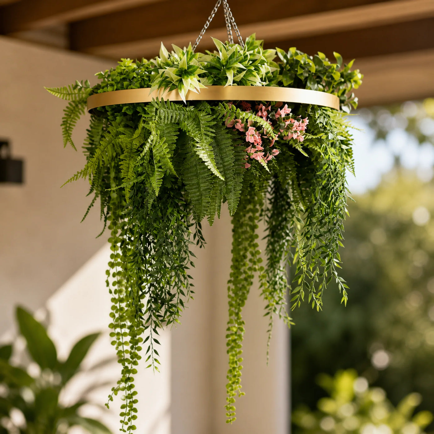 Gold Artificial Hanging Plant Disc Chandelier with Premium Fern Foliage & Trailing Greenery — 60cm UV Resistant