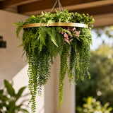 Gold Artificial Hanging Plant Disc Chandelier with Premium Fern Foliage & Trailing Greenery — 60cm UV Resistant