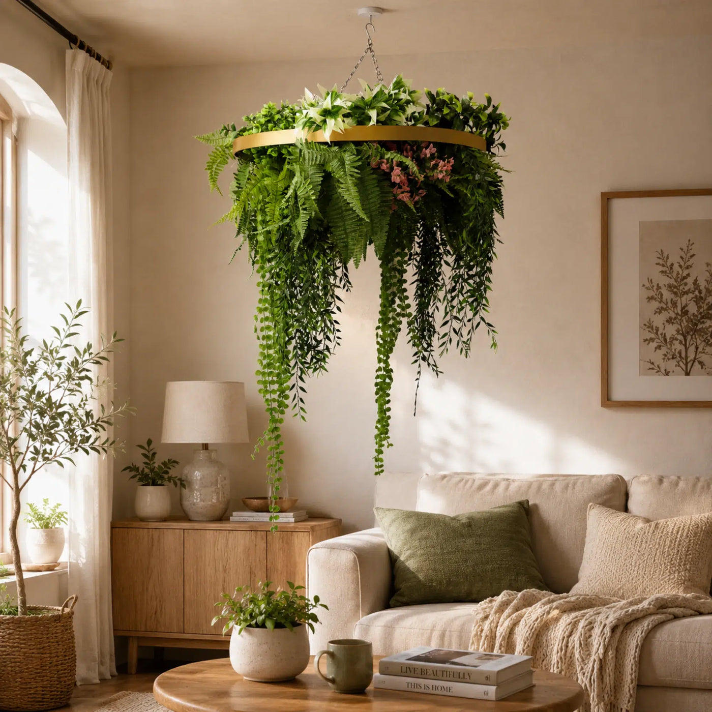 Gold Artificial Hanging Plant Disc Chandelier with Premium Fern Foliage & Trailing Greenery — 60cm UV Resistant