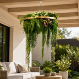 Gold Artificial Hanging Plant Disc Chandelier with Premium Fern Foliage & Trailing Greenery — 60cm UV Resistant