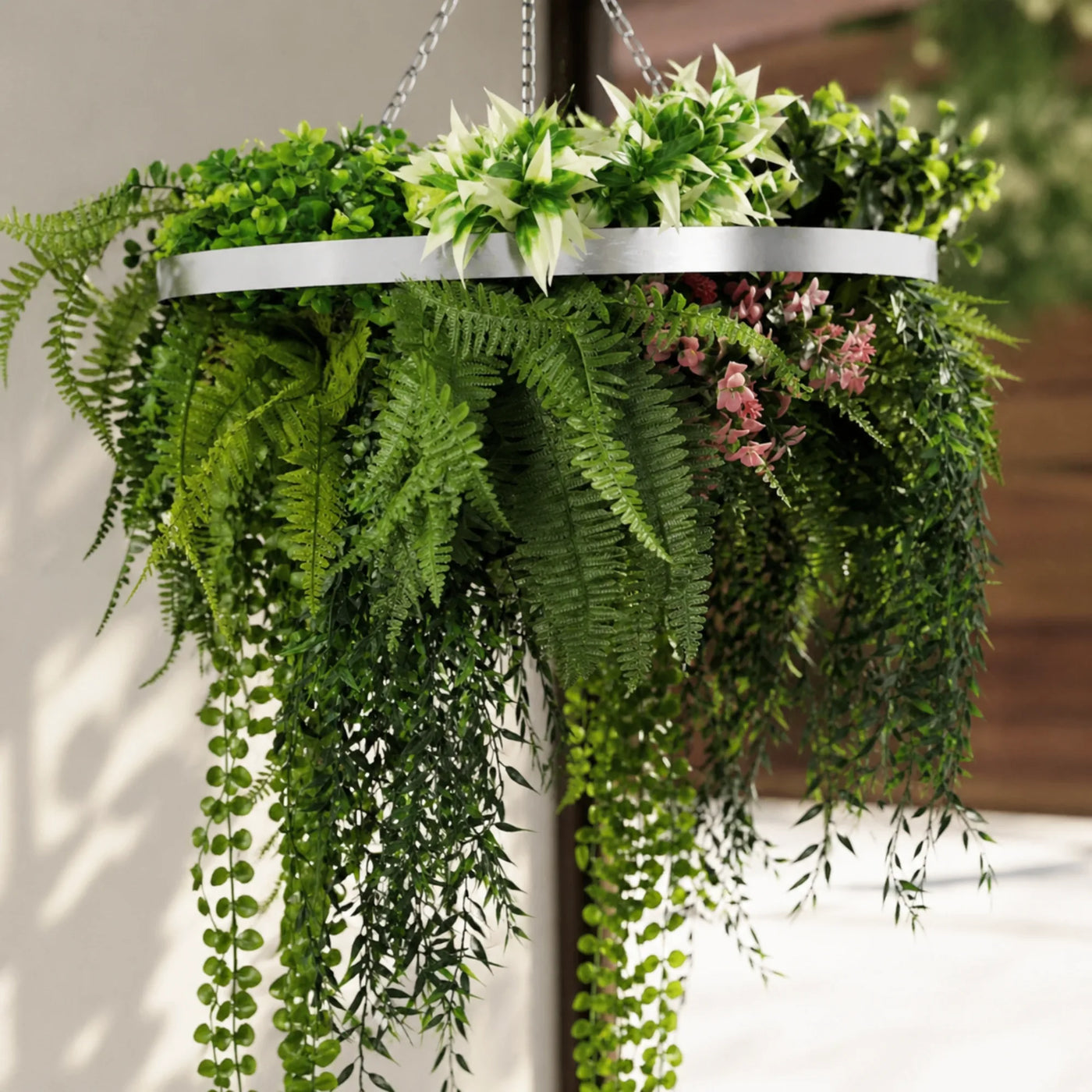 Silver Artificial Hanging Plant Disc Chandelier with Premium Fern Foliage & Trailing Greenery — 60cm UV Resistant