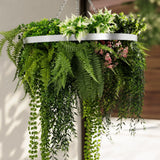 Silver Artificial Hanging Plant Disc Chandelier with Premium Fern Foliage & Trailing Greenery — 60cm UV Resistant