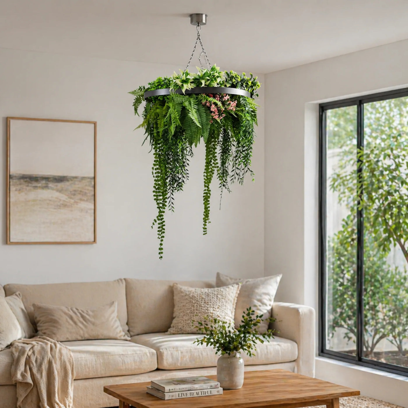 Silver Artificial Hanging Plant Disc Chandelier with Premium Fern Foliage & Trailing Greenery — 60cm UV Resistant