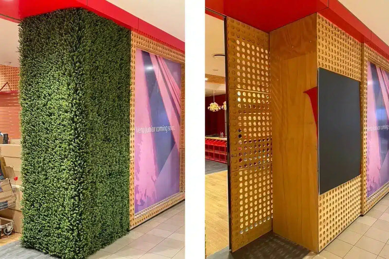 Before & After Installation of Artificial Buxus Green Walls Installed onto a Shop Fitout