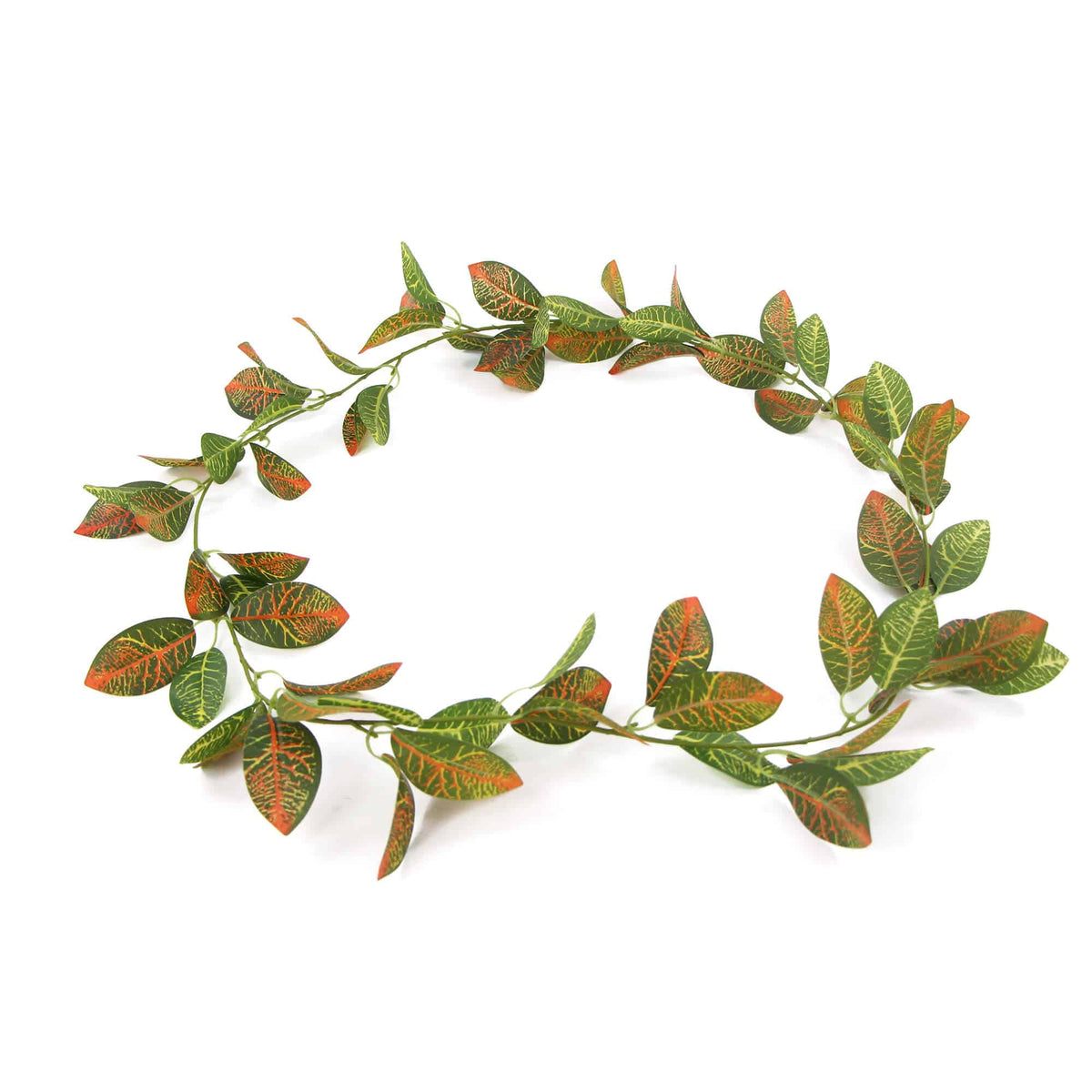 Artificial leaf garland with green and orange leaves on a white background