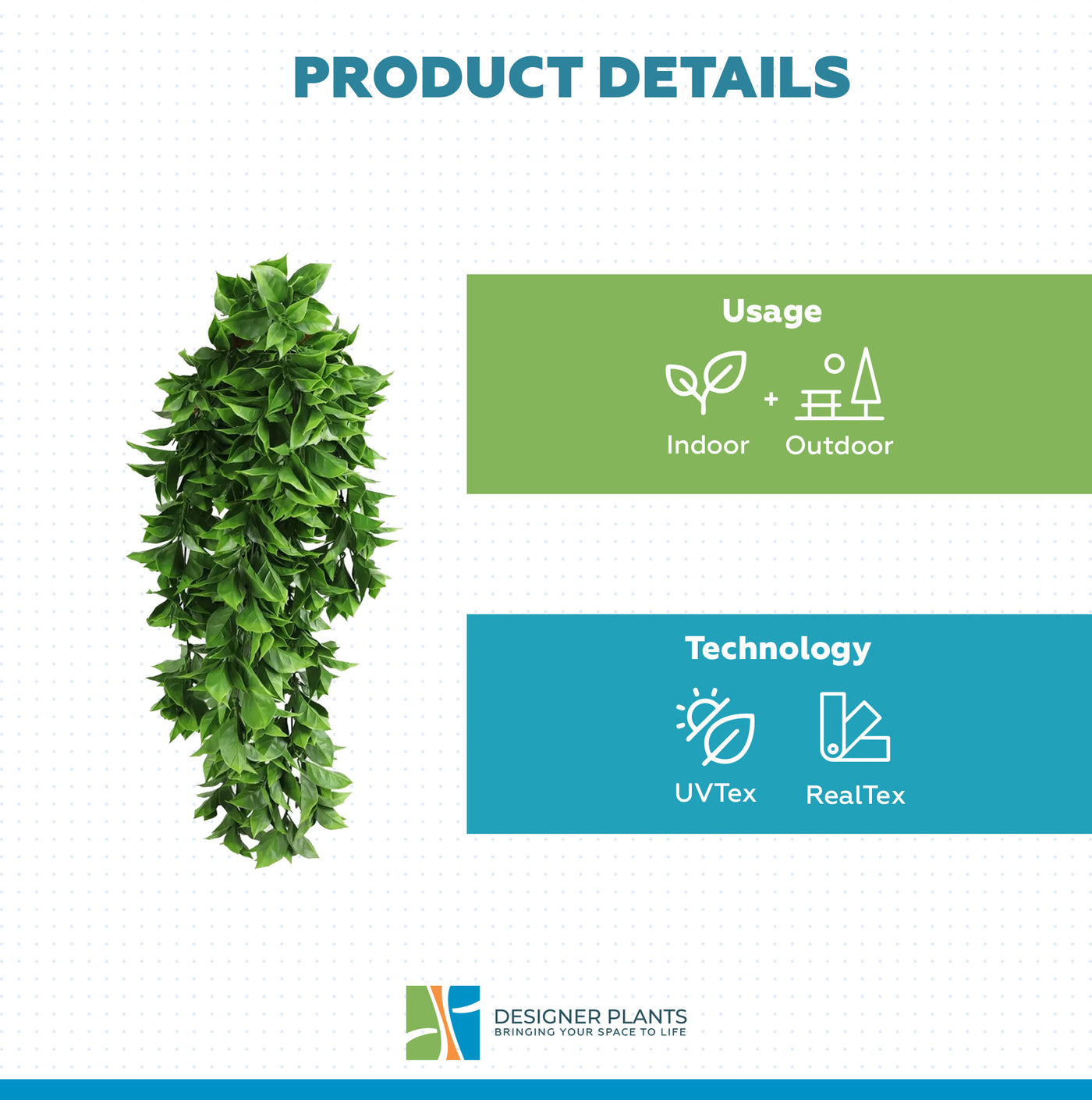 Artificial Dense Hanging Flowering Pothos Bush Vivid Green UV Resistant and Fire Rated 27cm Wide x 72cm Long