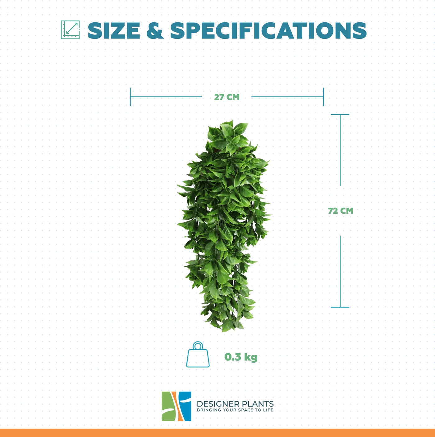Artificial Dense Hanging Flowering Pothos Bush Vivid Green UV Resistant and Fire Rated 27cm Wide x 72cm Long