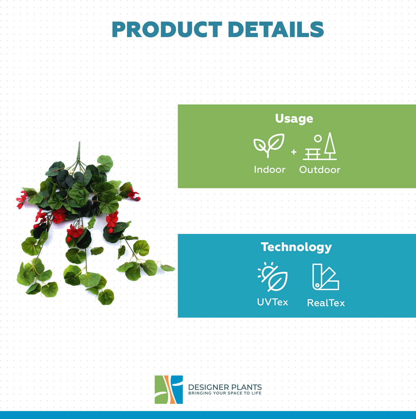 Artificial Geranium Hanging Bush with Red Flowers 60cm