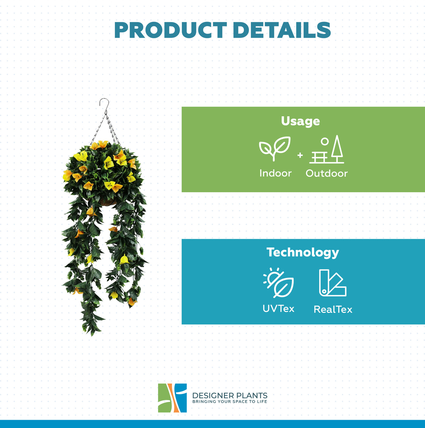 Artificial Hanging Basket Orange and Yellow Bouganvillea 30cm x 80cm Long UV Resistant