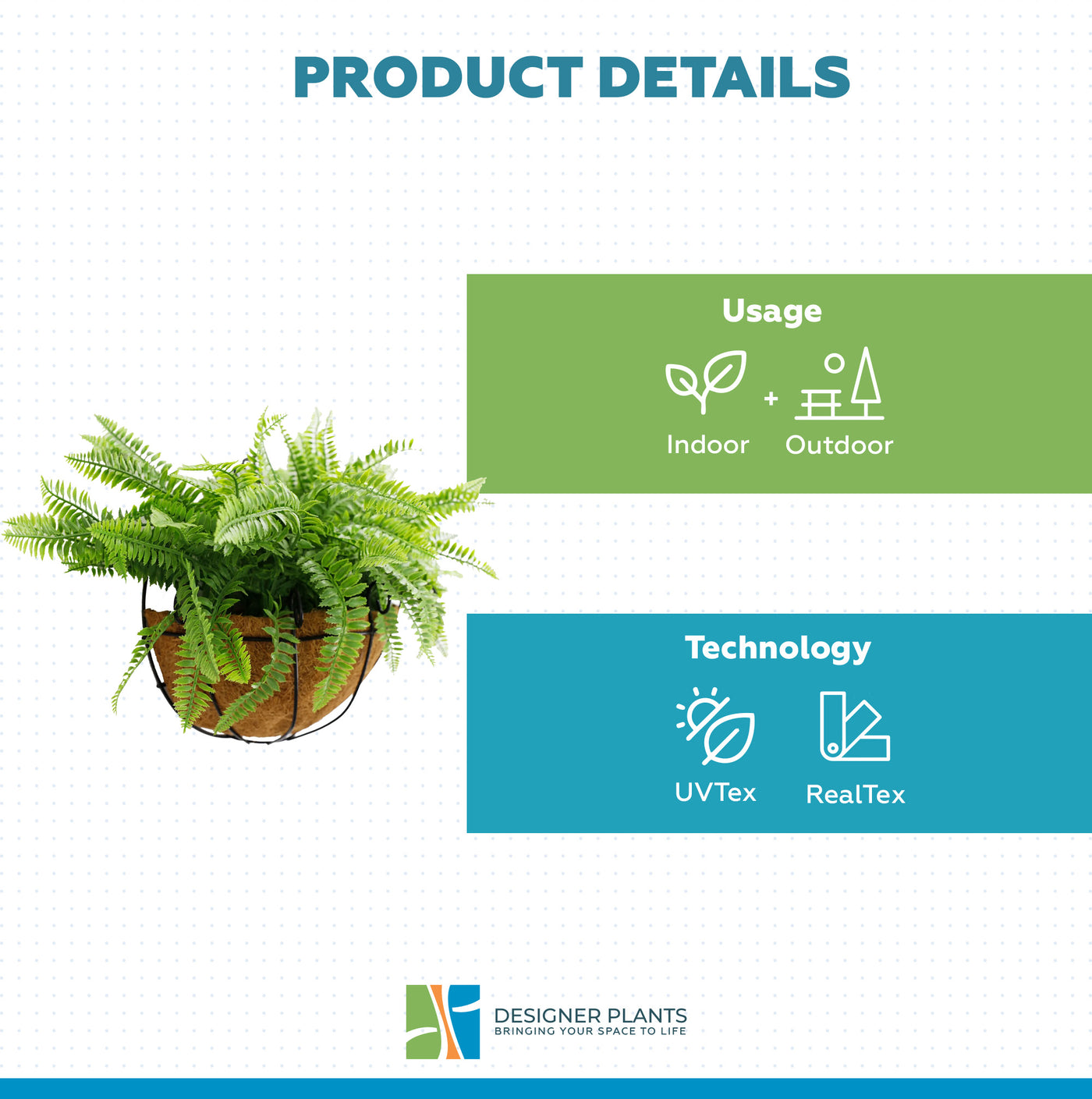 Artificial Hanging Fern Basket 30cm x 40cm Long UV Resistant