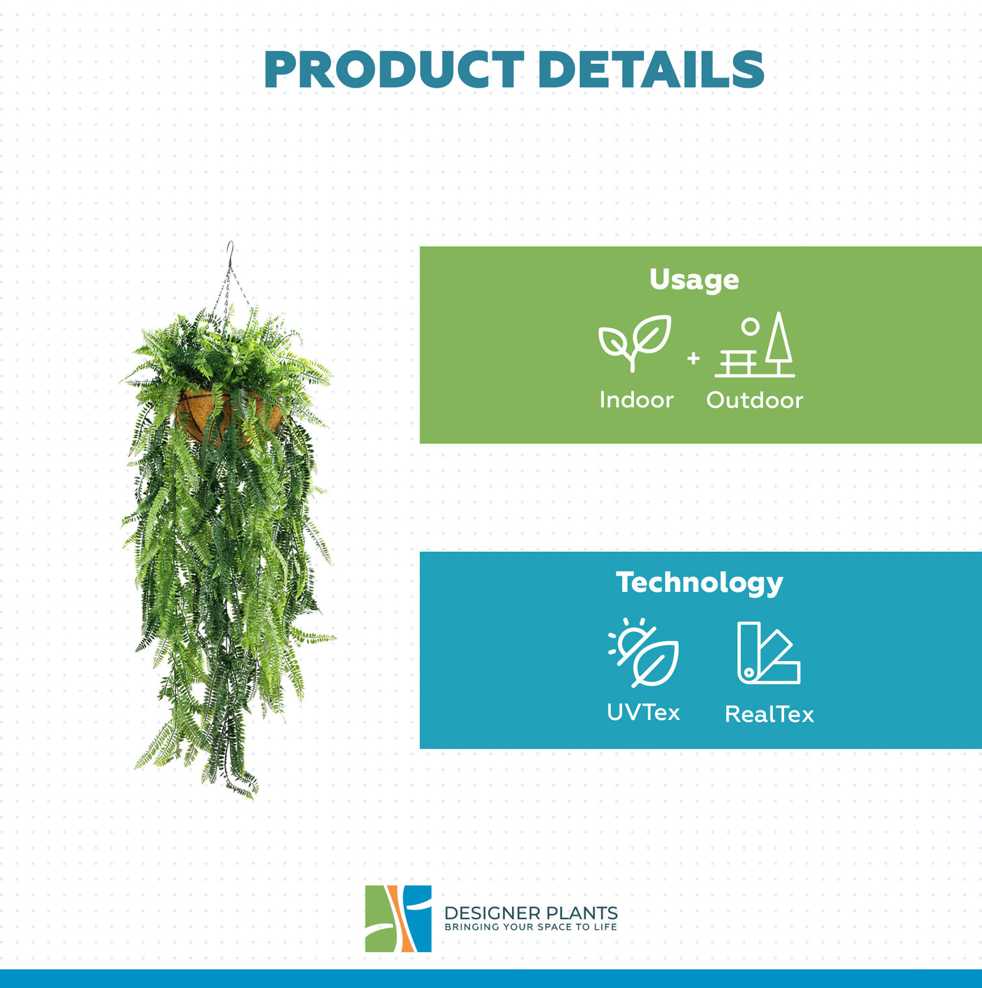 Artificial Hanging Fern Basket UV Resistant 45cm x 125cm