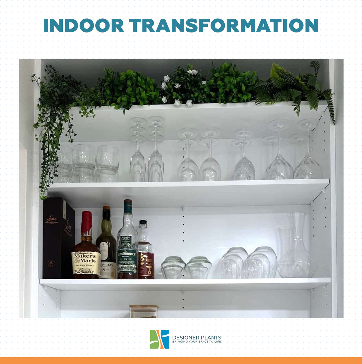 Shelving unit with glasses, bottles, and plants with 'Designer Plants' branding.