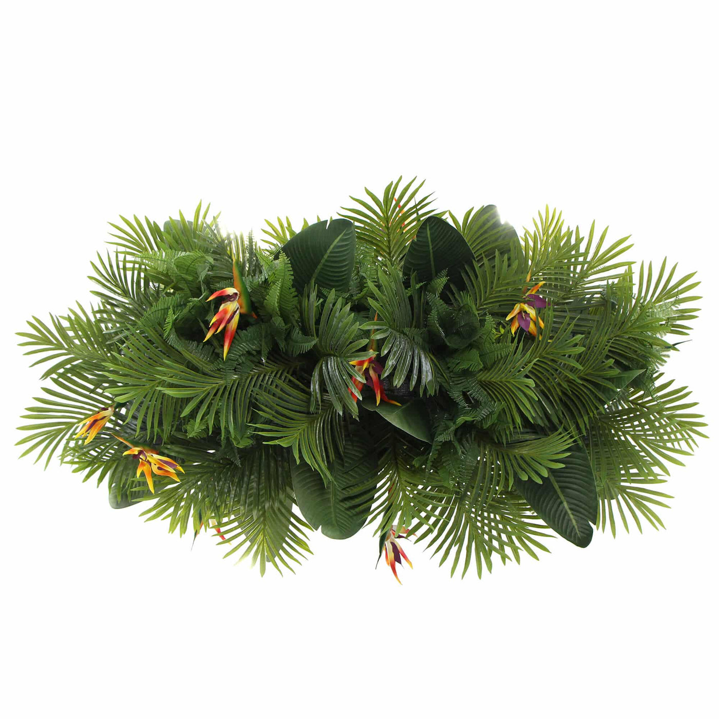 Artificial Hanging Plant Disc Chandelier with Tropical Floral Arrangement & Trailing Foliage — 100cm x 30cm