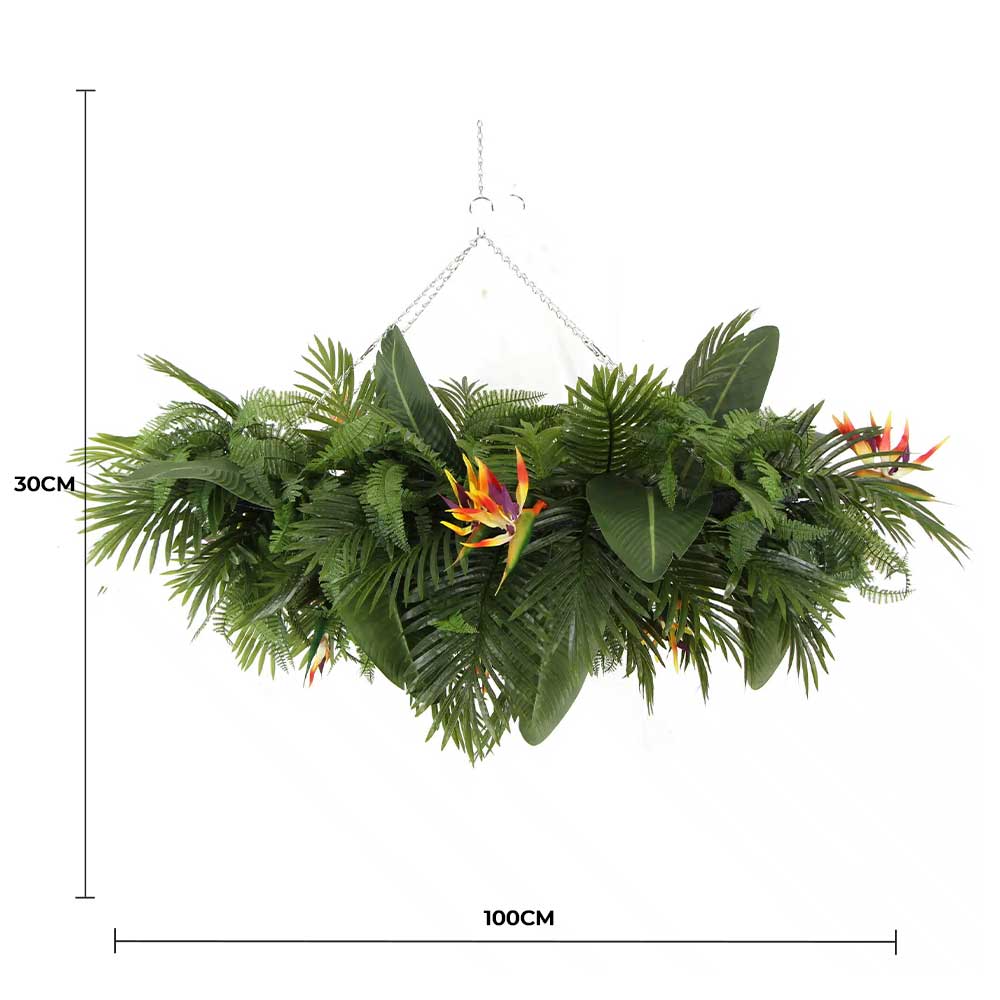 Artificial Hanging Plant Disc Chandelier with Tropical Floral Arrangement & Trailing Foliage — 100cm x 30cm