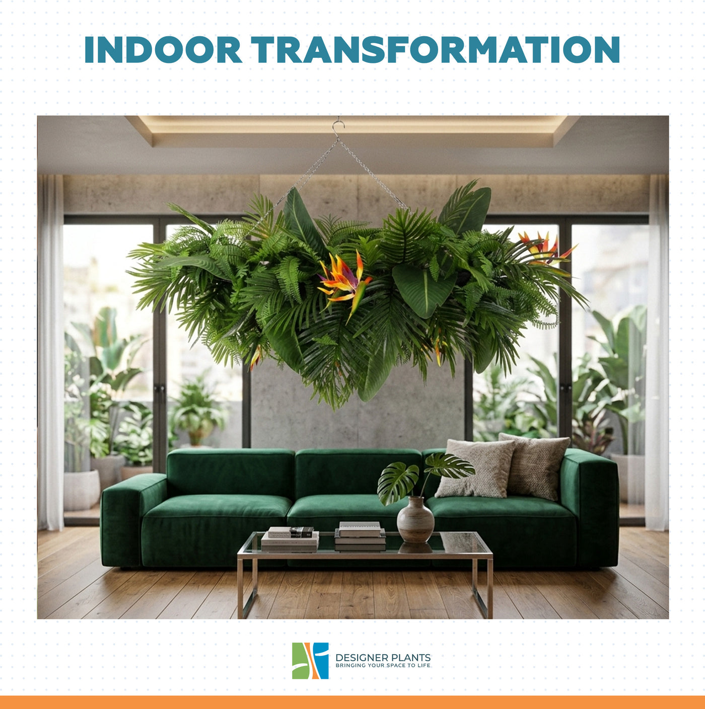 Artificial Hanging Plant Disc Chandelier with Tropical Floral Arrangement & Trailing Foliage — 100cm x 30cm