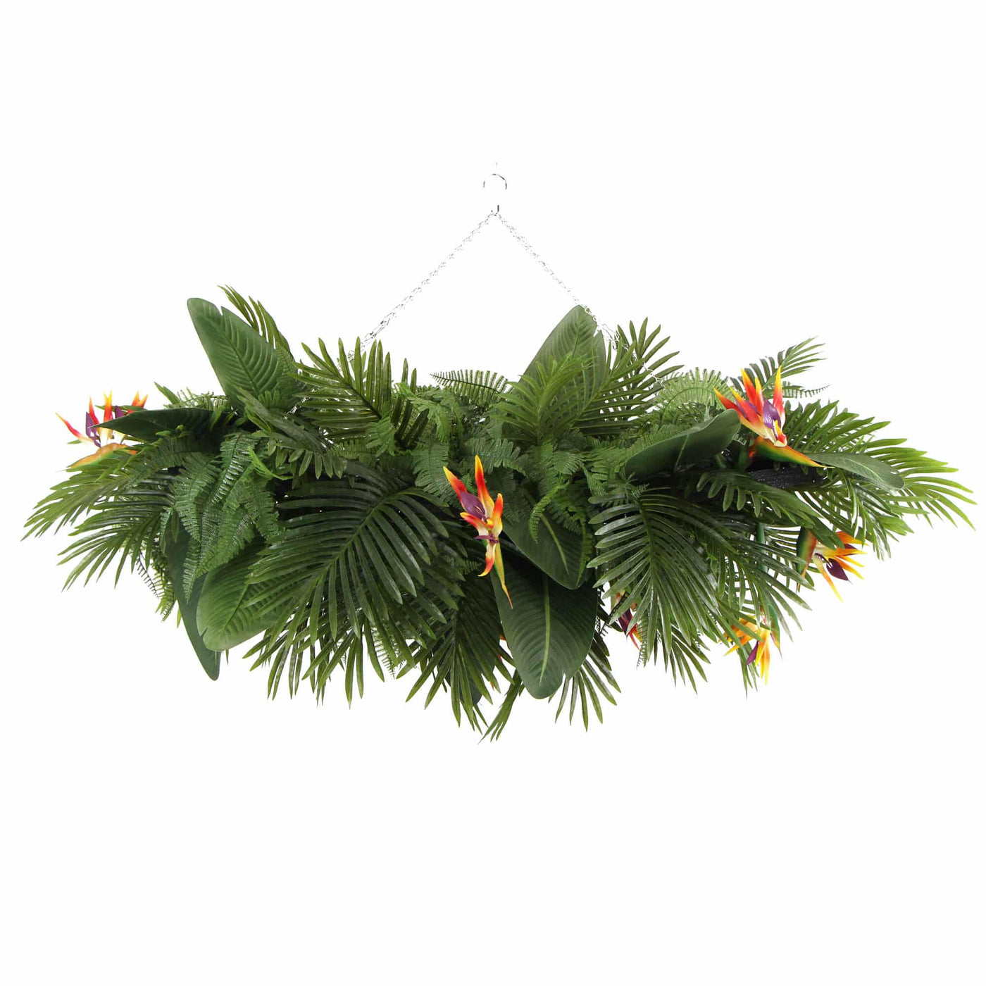 Artificial Hanging Plant Disc Chandelier with Tropical Floral Arrangement & Trailing Foliage — 100cm x 30cm