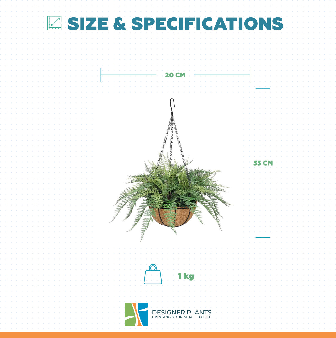 Artificial Potted Fern Hanging Basket (Fresh Green) UV Resistant 55cm