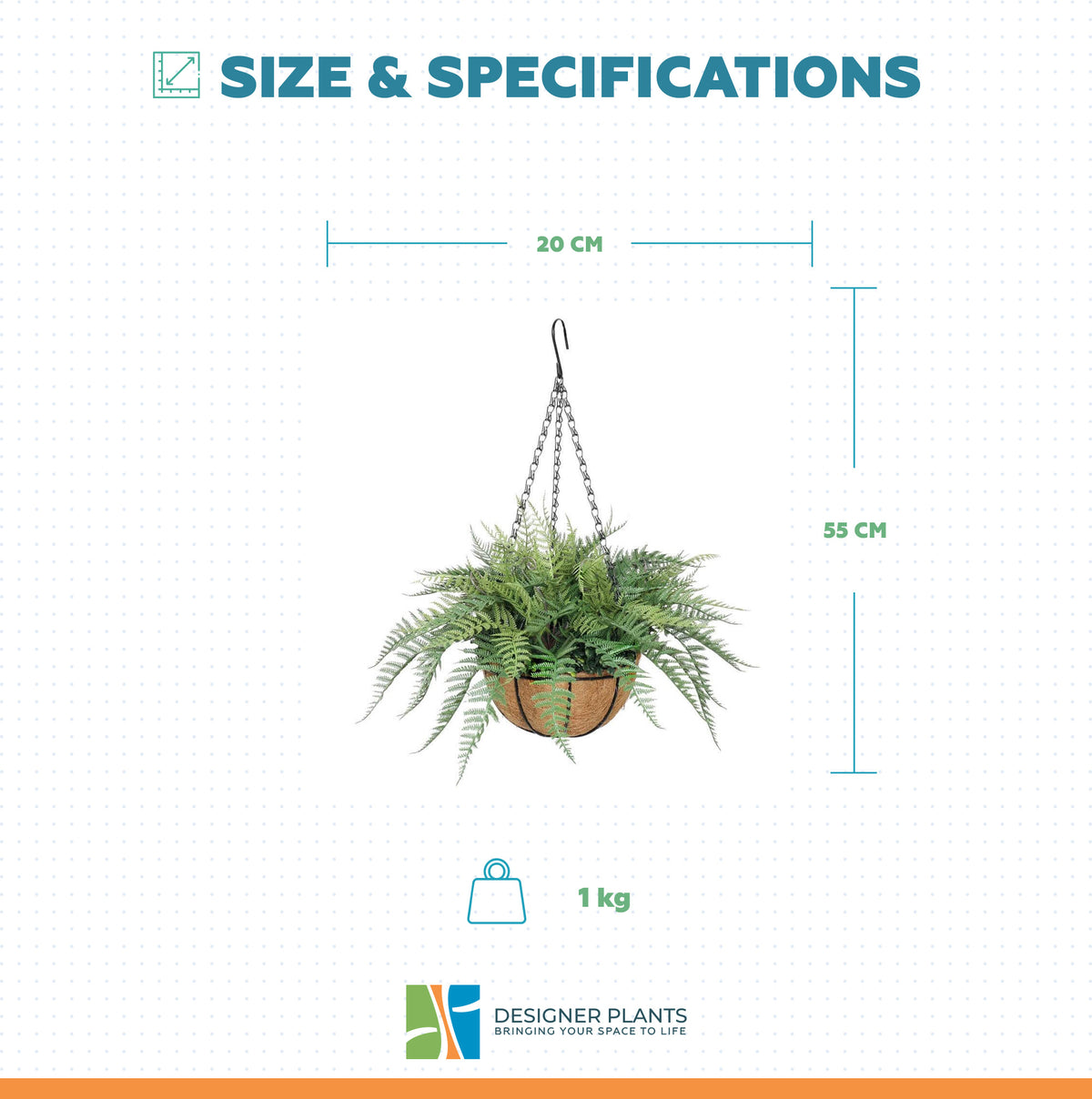 Artificial Potted Fern Hanging Basket (Fresh Green) UV Resistant 55cm