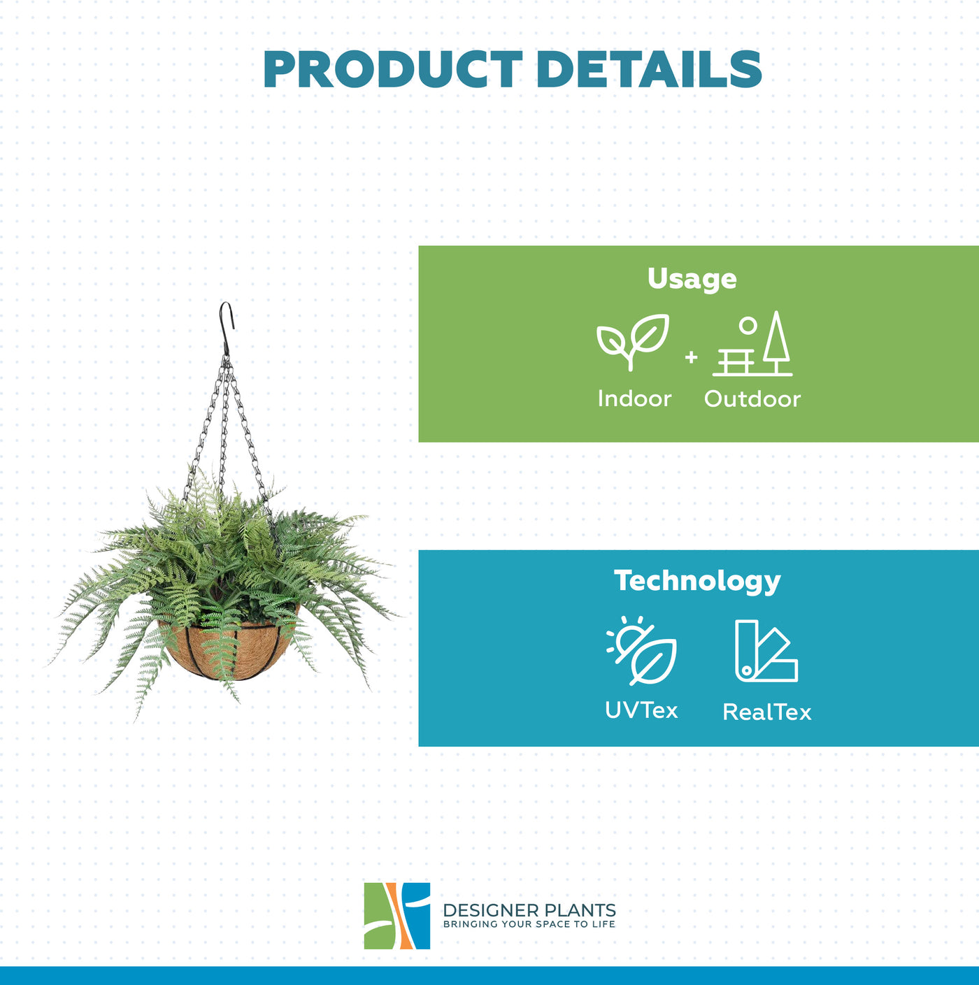 Artificial Potted Fern Hanging Basket (Fresh Green) UV Resistant 55cm