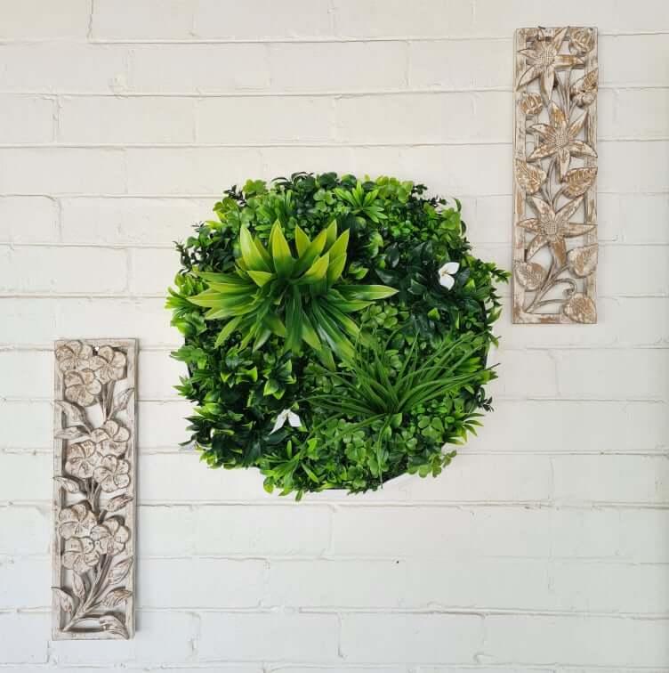 Flowering White Artificial Green Wall Disc UV Resistant 50cm (White Frame)
