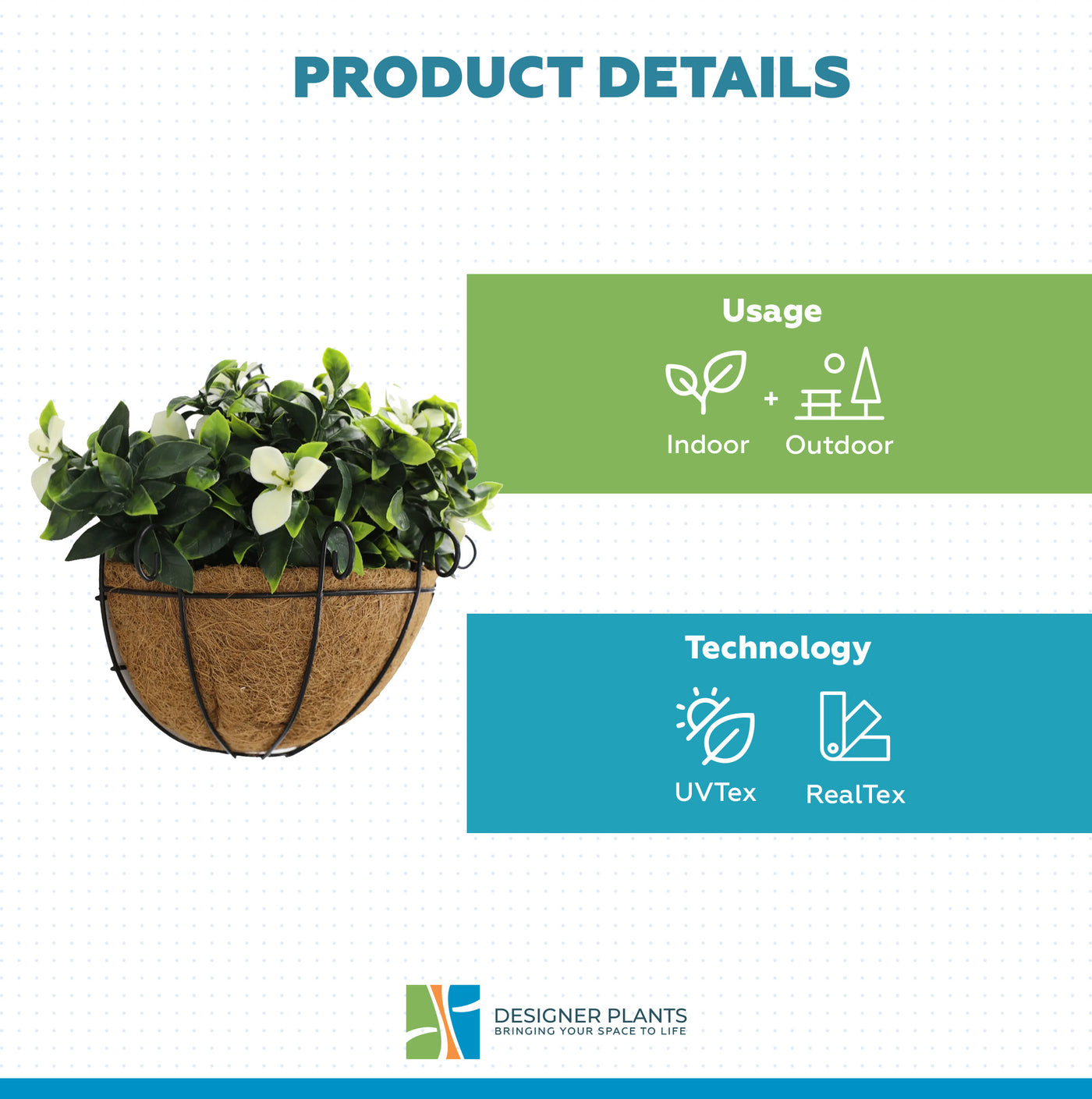 Artificial Wall Basket - Flowering White Jasmine Basket 20cm x 35cm Long UV Resistant