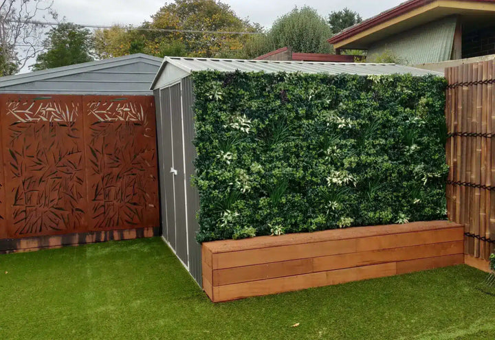 Artificial luxury green wall installed onto a shed