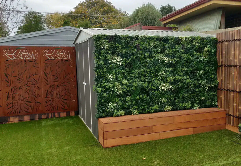 Artificial luxury green wall installed onto a shed